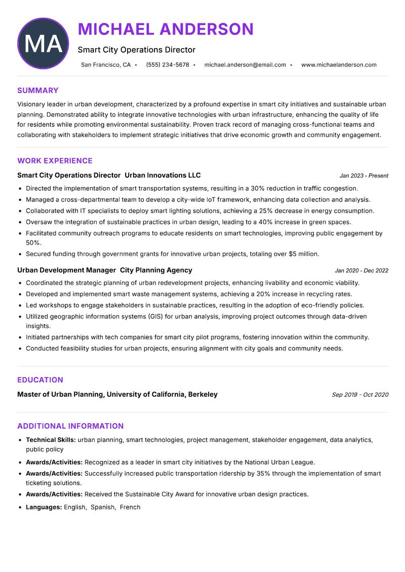 Smart City Manager resume example — ATS-friendly template