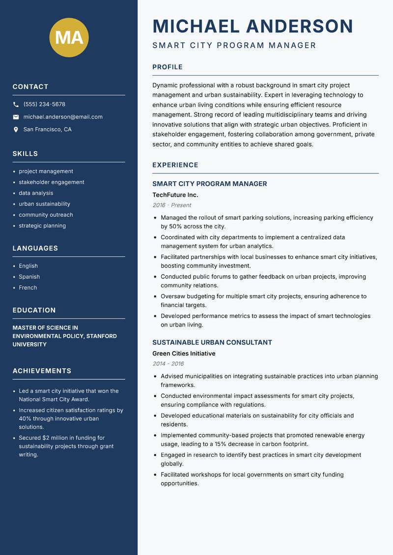 Smart City Manager resume template — Classic Clean