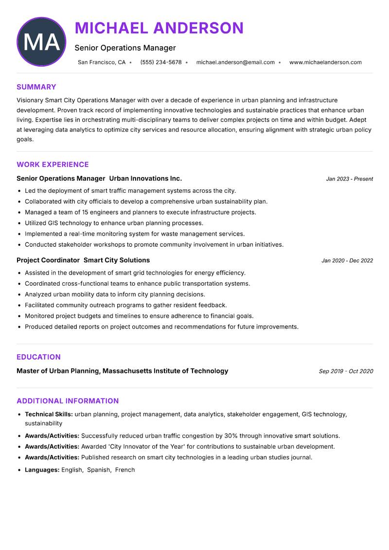 Smart City Operations Manager resume example — ATS-friendly template