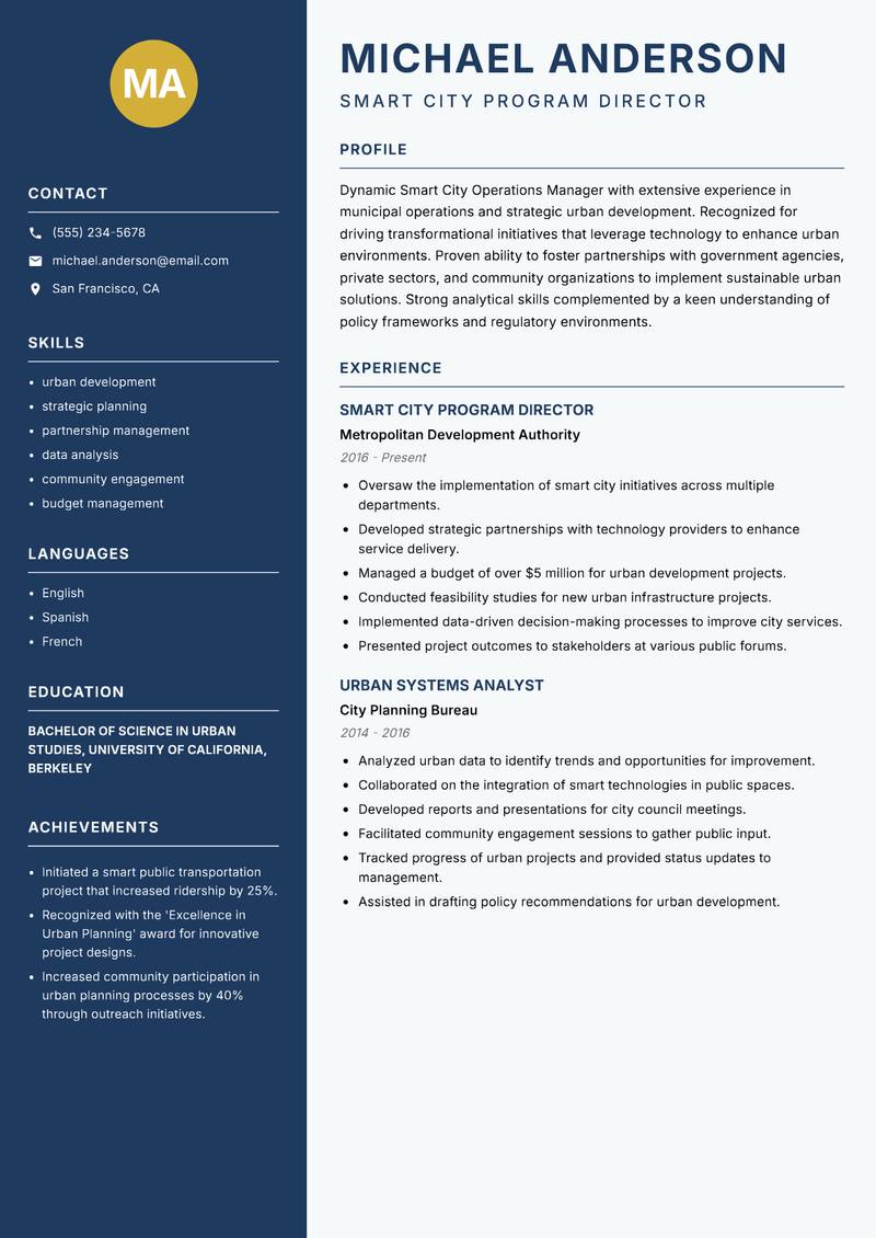 Smart City Operations Manager resume template — Classic Clean