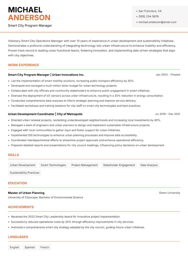Smart City Operations Manager resume template — Modern Professional