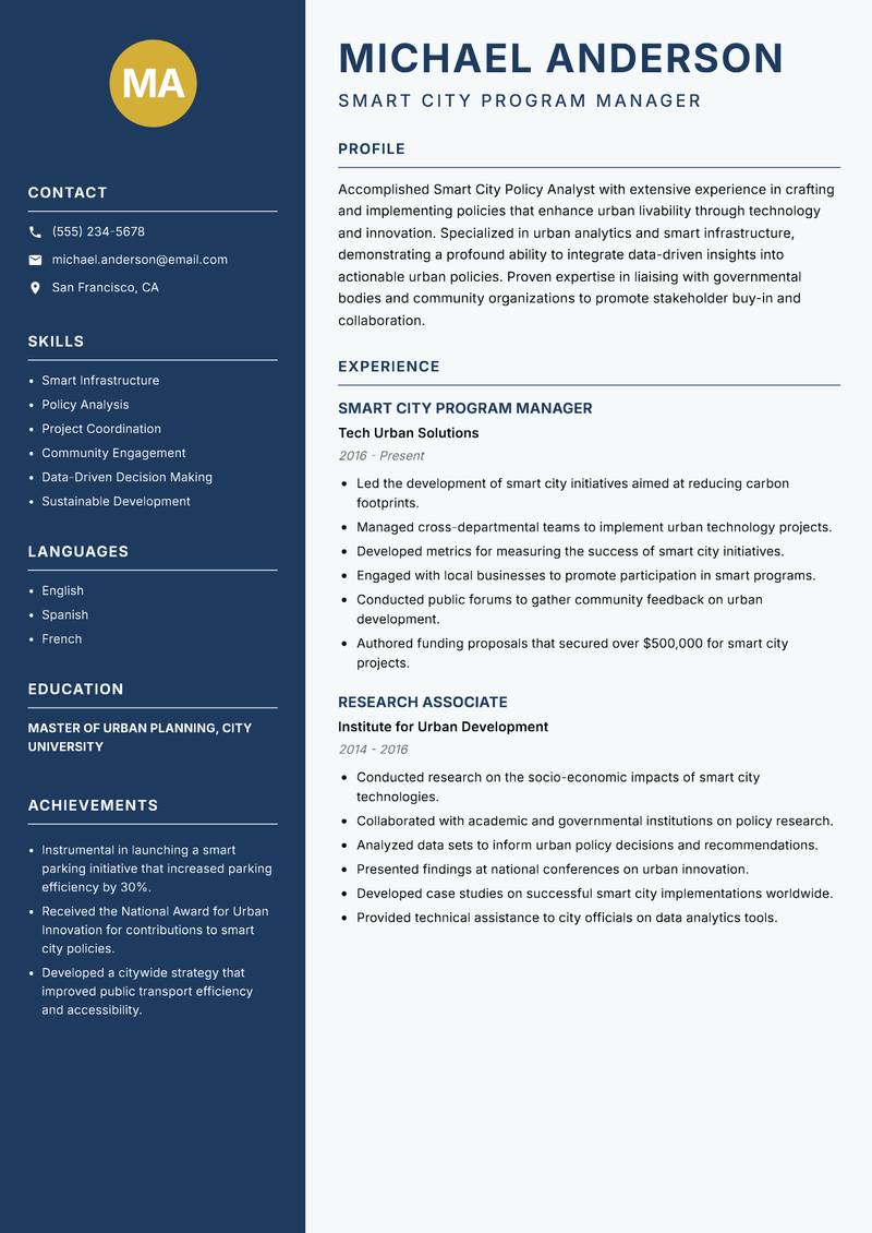 Smart City Policy Analyst resume template — Classic Clean