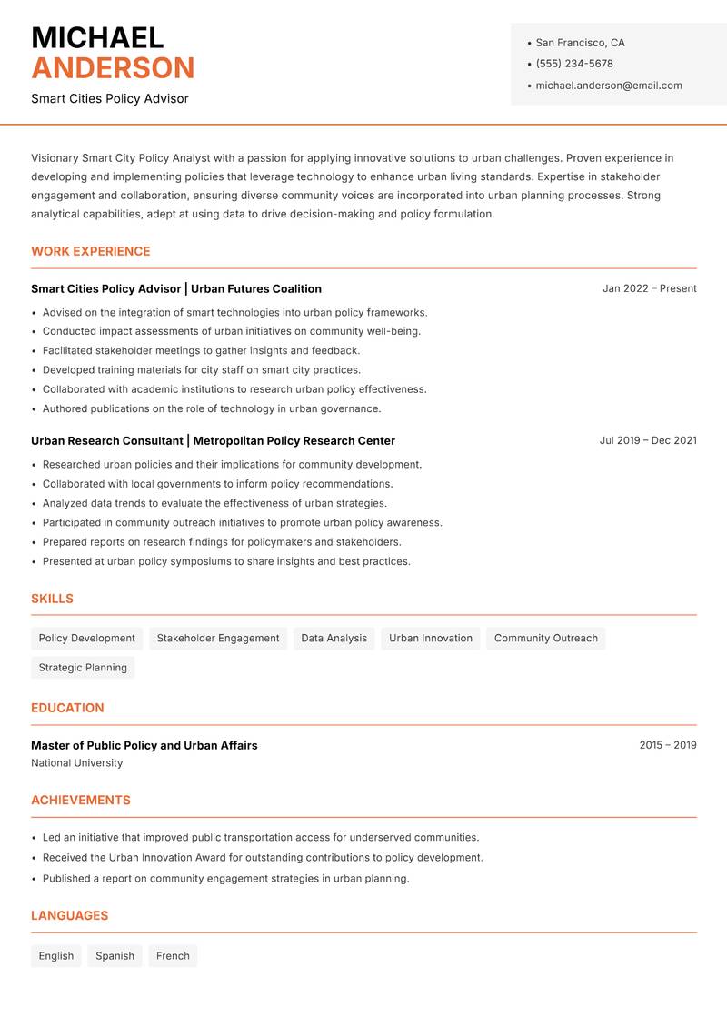 Smart City Policy Analyst resume template — Modern Professional