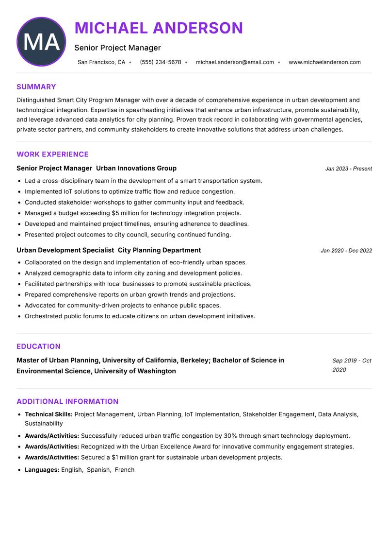 Smart City Program Manager resume example — ATS-friendly template