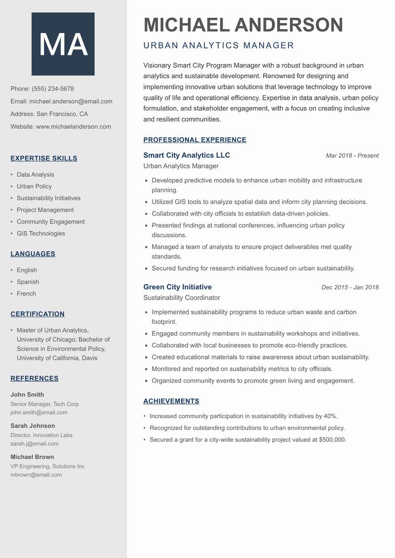 Smart City Program Manager resume template — Creative Minimal