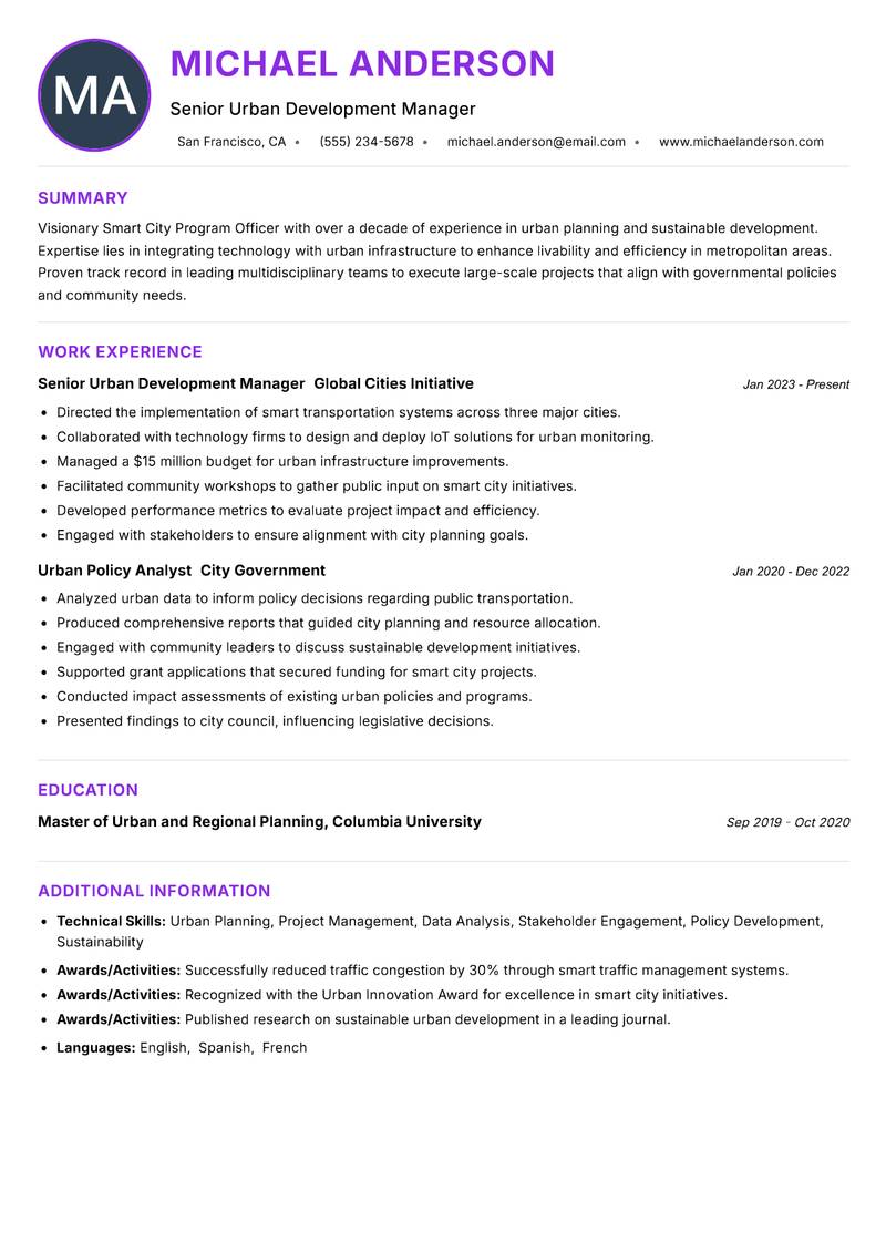 Smart City Program Officer resume example — ATS-friendly template