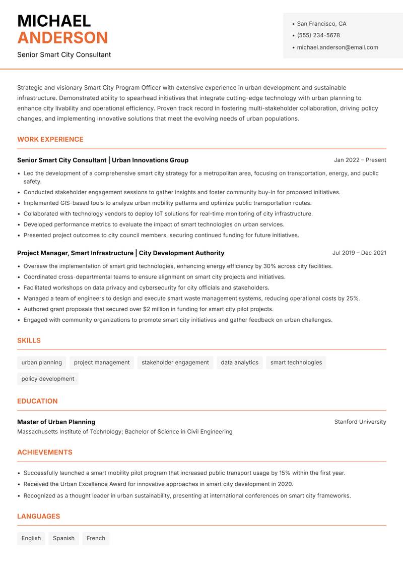 Smart City Program Officer resume template — Modern Professional
