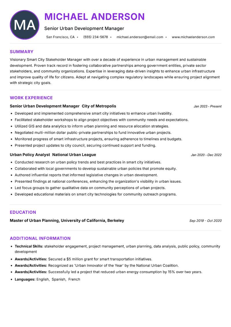 Smart City Stakeholder Manager resume example — ATS-friendly template