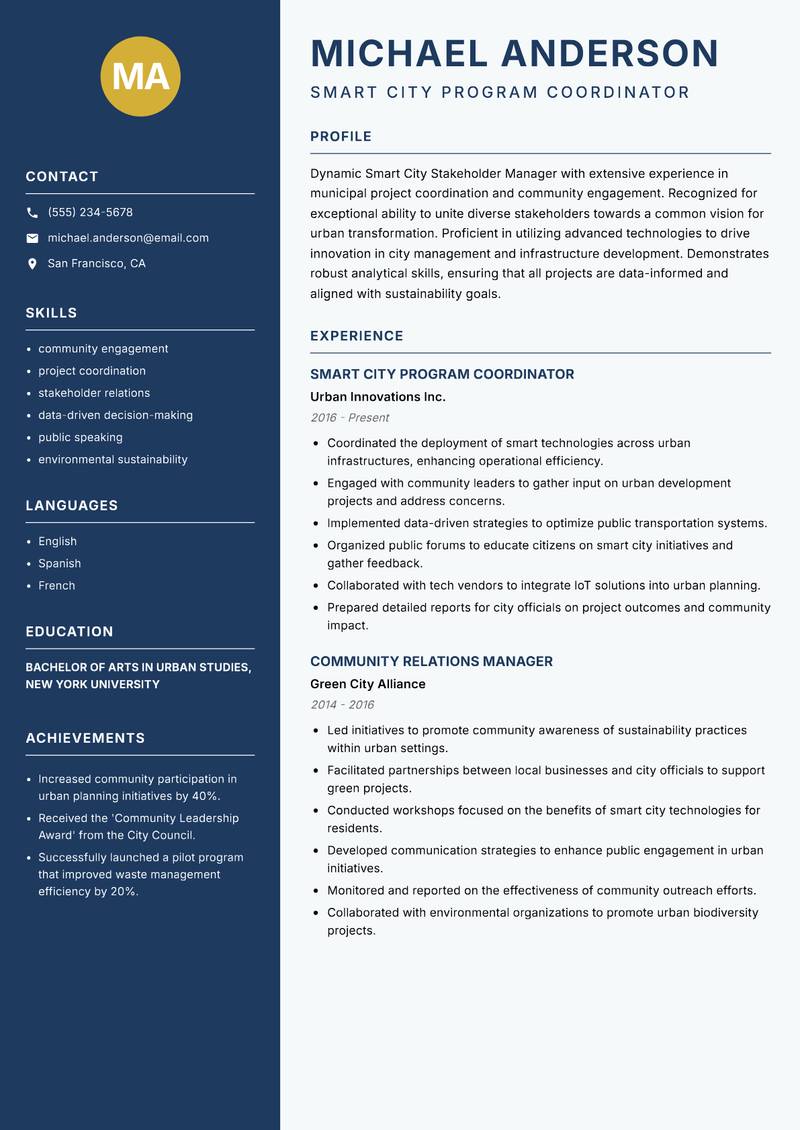 Smart City Stakeholder Manager resume template — Classic Clean