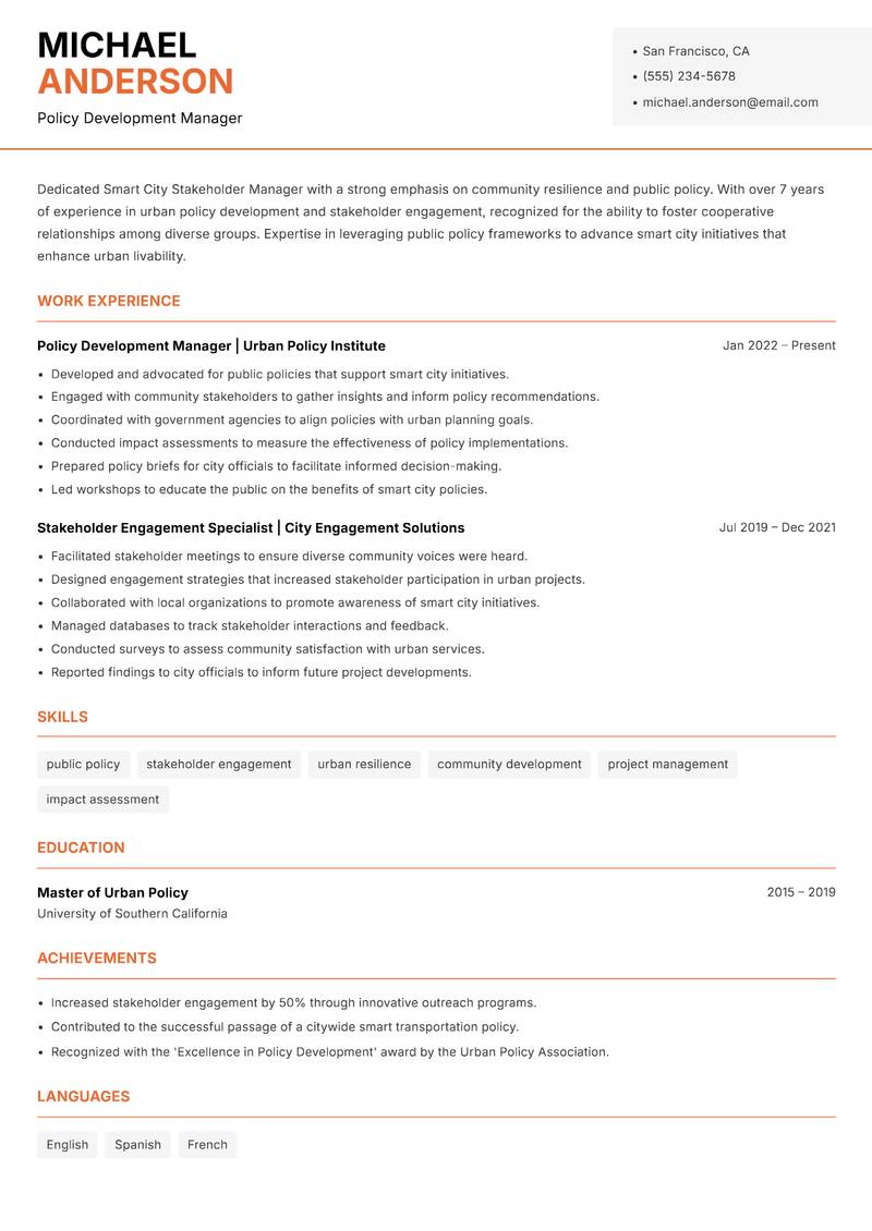 Smart City Stakeholder Manager resume template — Modern Professional
