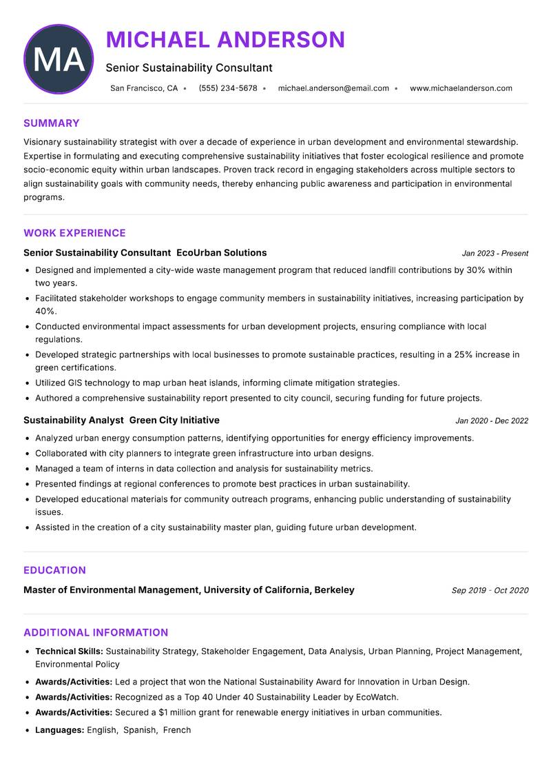 Smart City Sustainability Manager resume example — ATS-friendly template