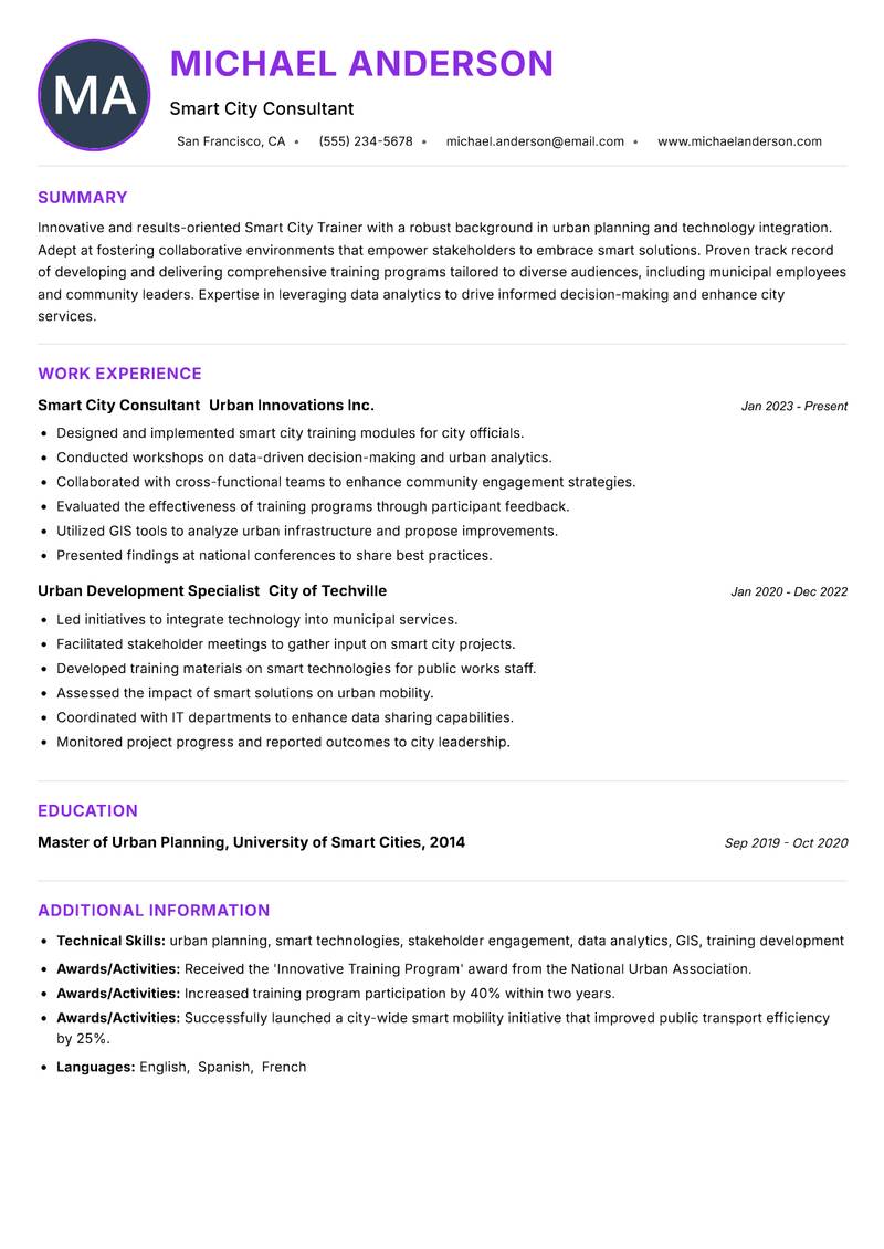 Smart City Trainer resume example — ATS-friendly template