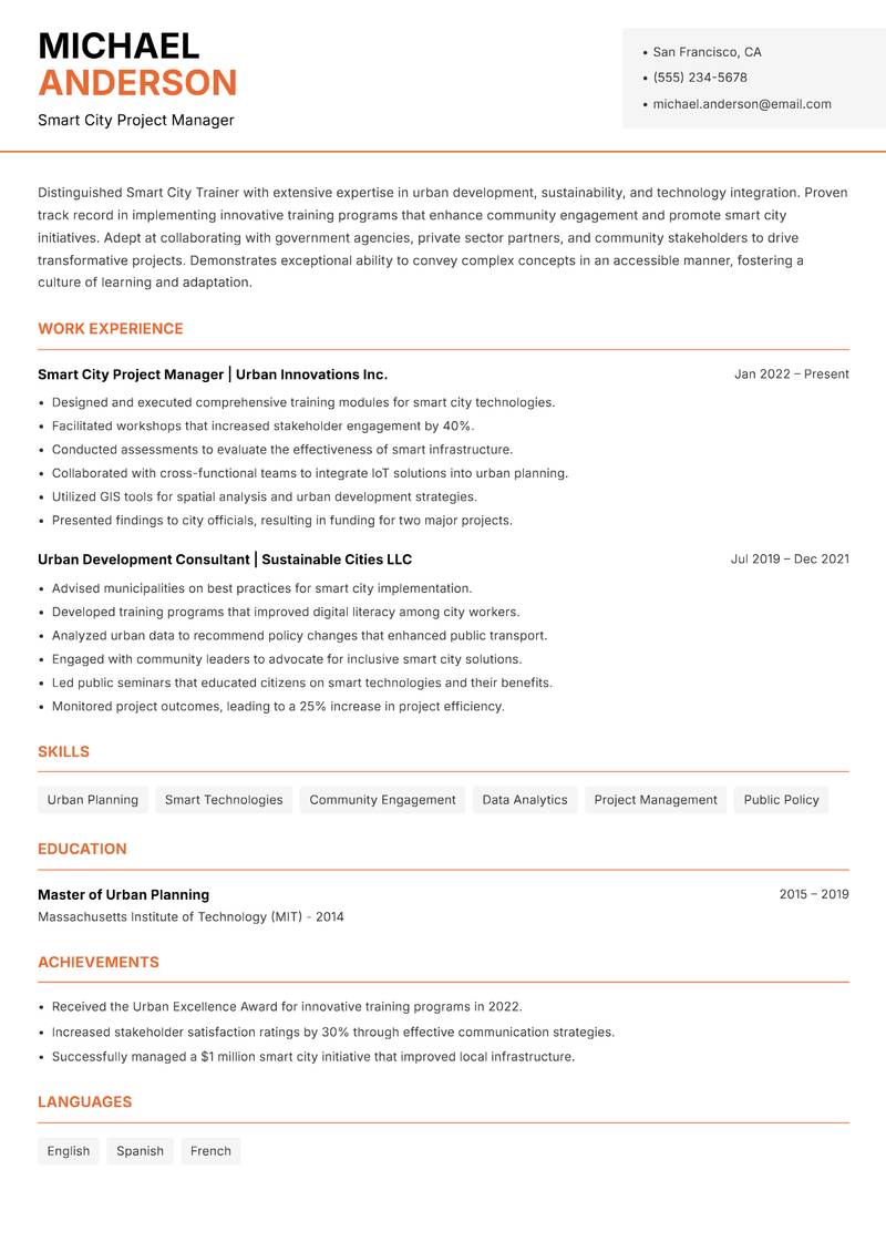 Smart City Trainer resume template — Modern Professional