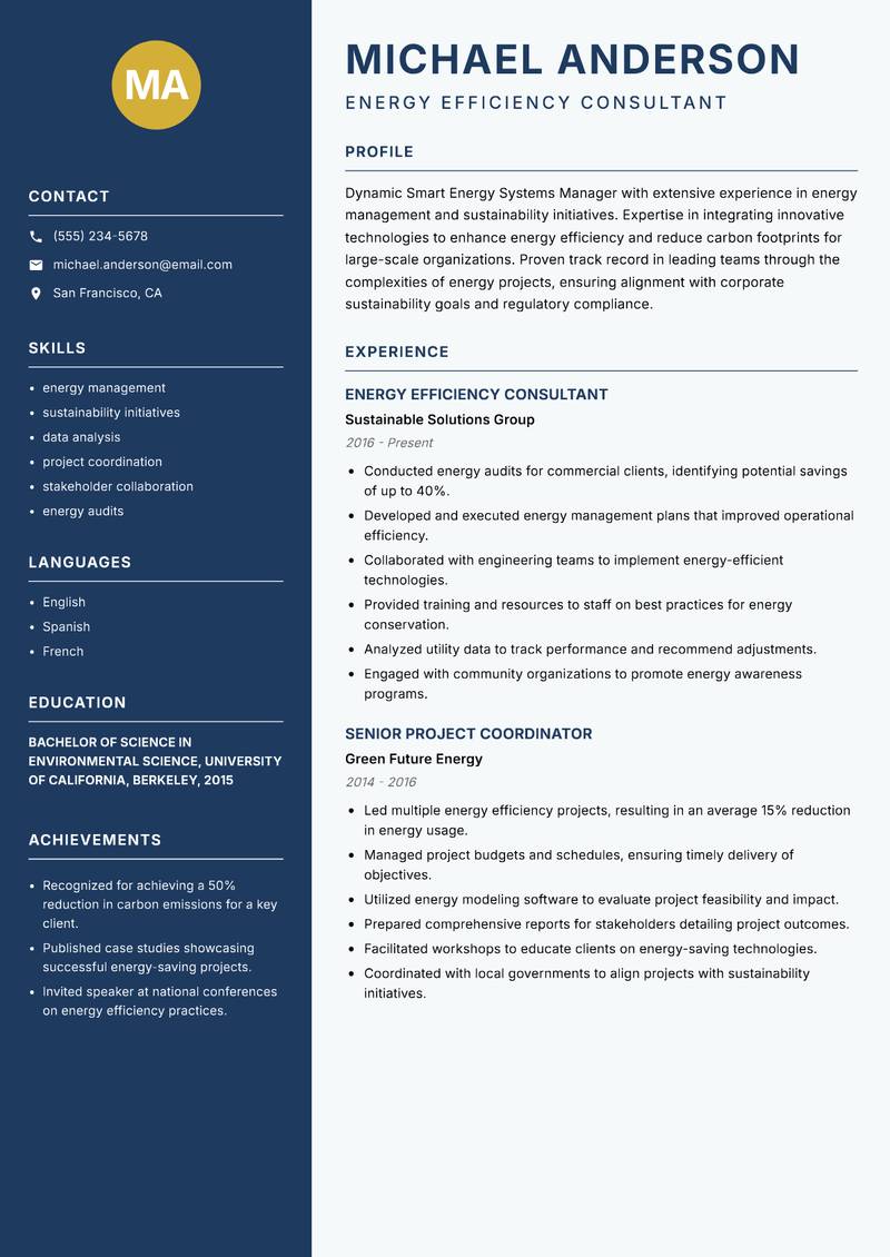 Smart Energy Systems Manager resume template — Classic Clean
