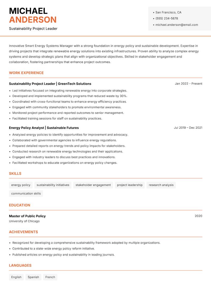 Smart Energy Systems Manager resume template — Modern Professional