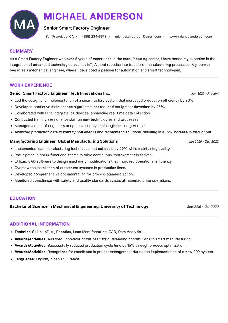 Smart Factory Engineer resume example — ATS-friendly template