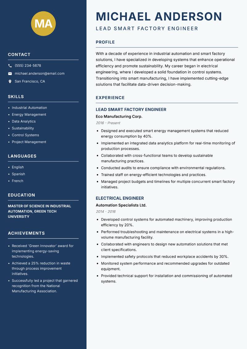 Smart Factory Engineer resume template — Classic Clean