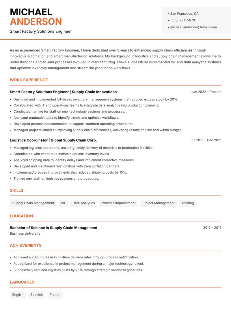 Smart Factory Engineer resume template — Modern Professional