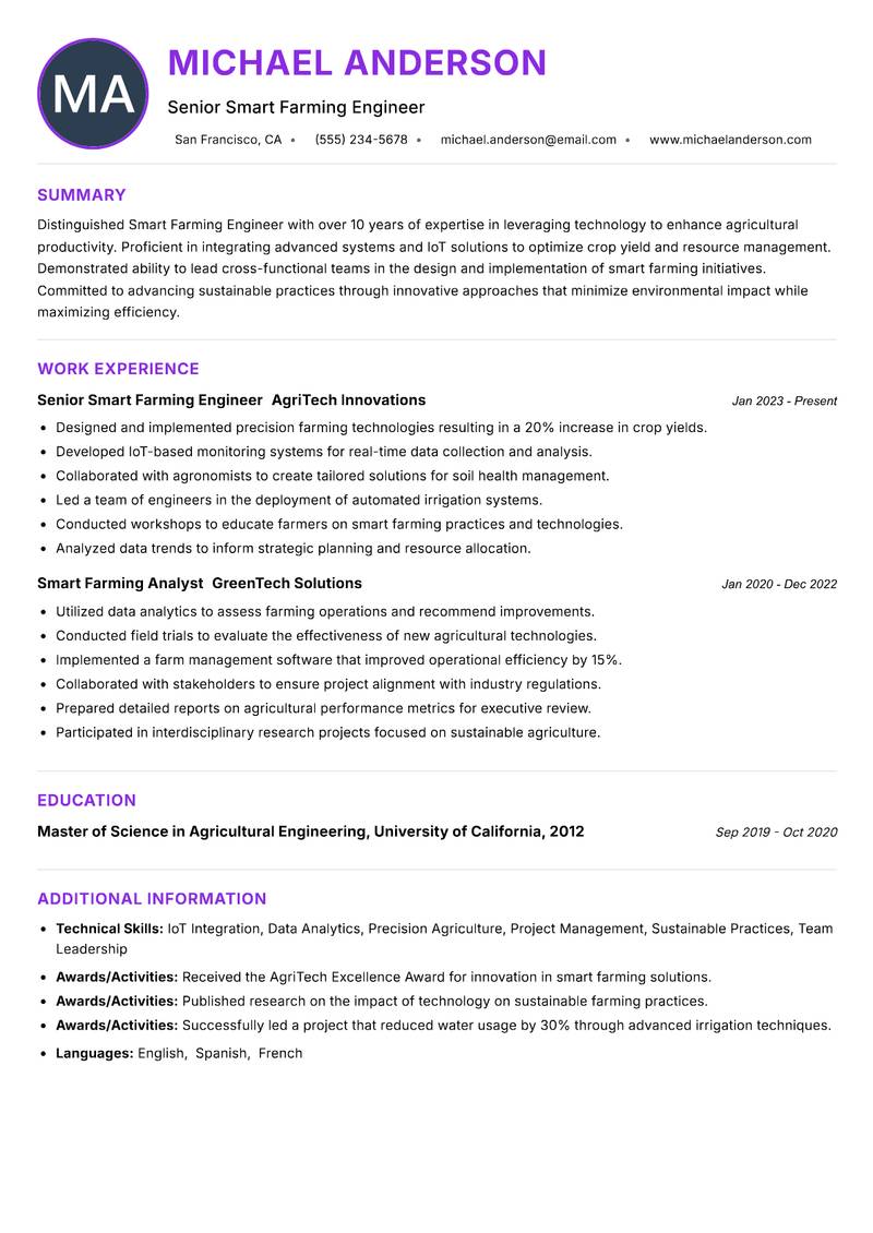 Smart Farming Engineer resume example — ATS-friendly template