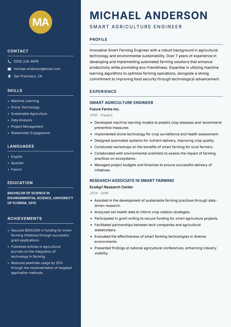 Smart Farming Engineer resume template — Classic Clean