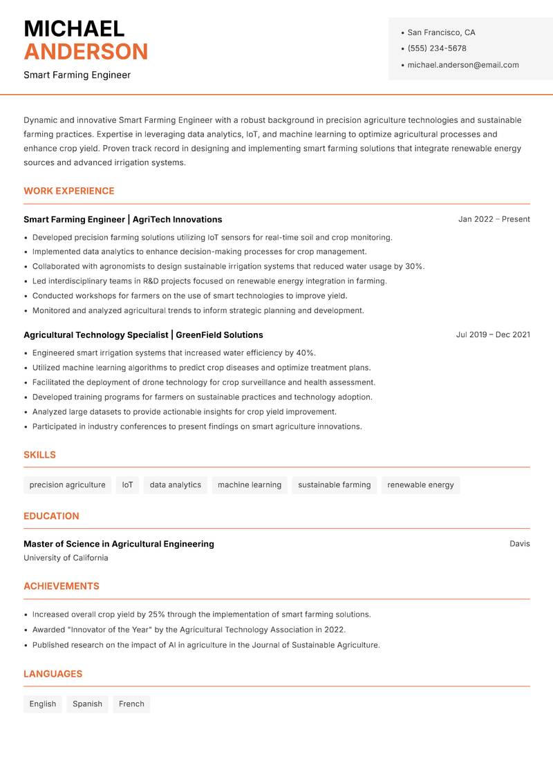 Smart Farming Engineer resume template — Modern Professional