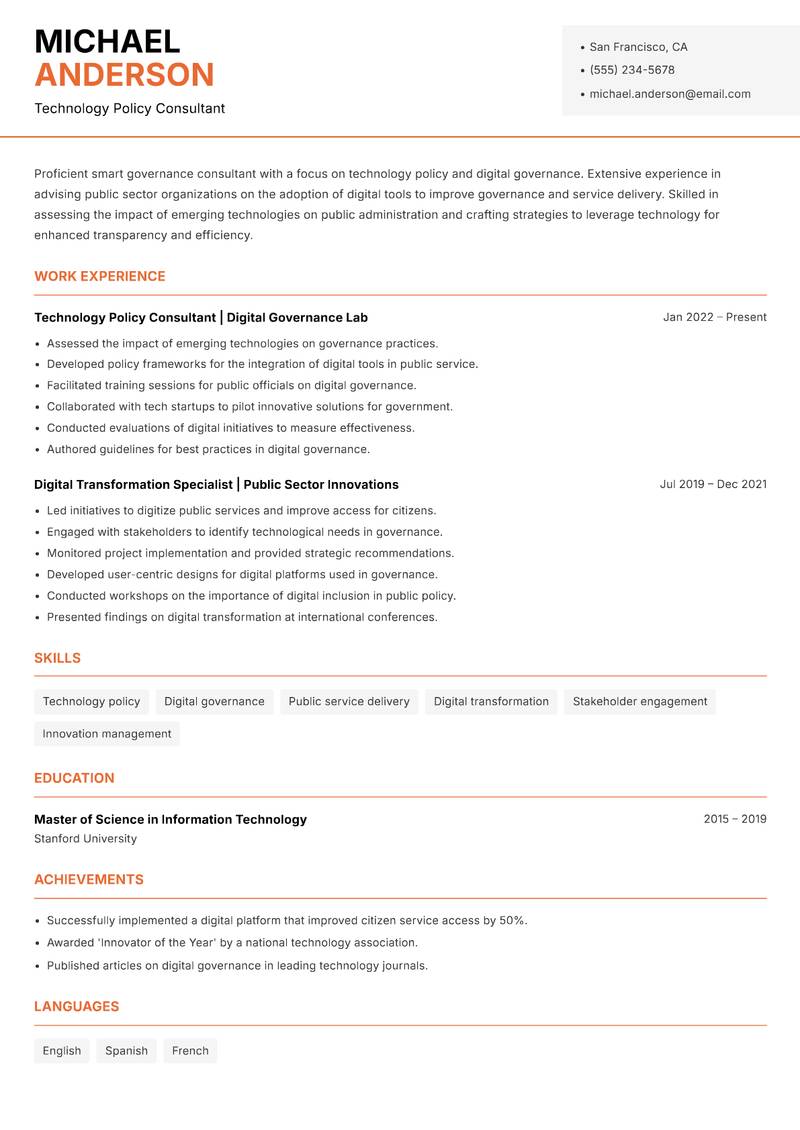 Smart Governance Consultant resume template — Modern Professional