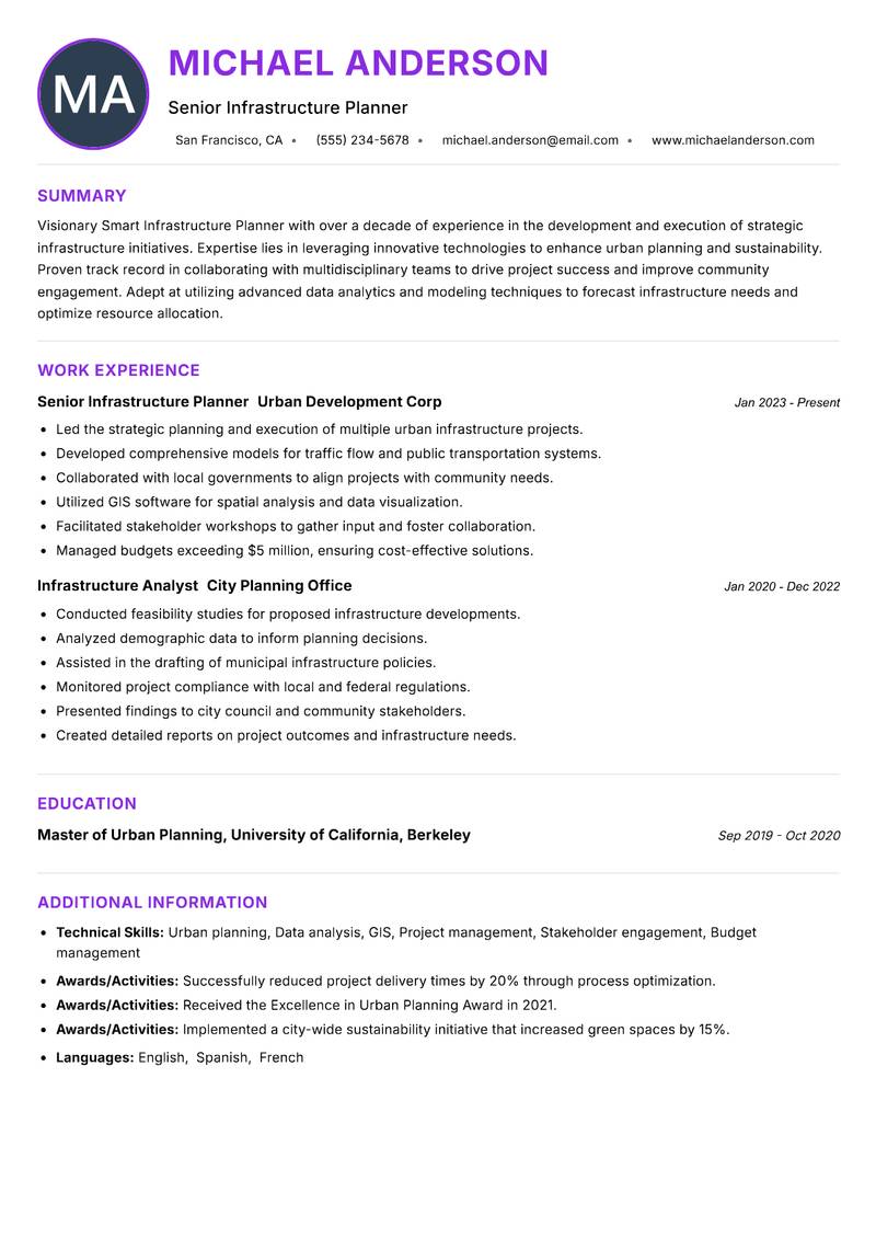 Smart Infrastructure Planner resume example — ATS-friendly template