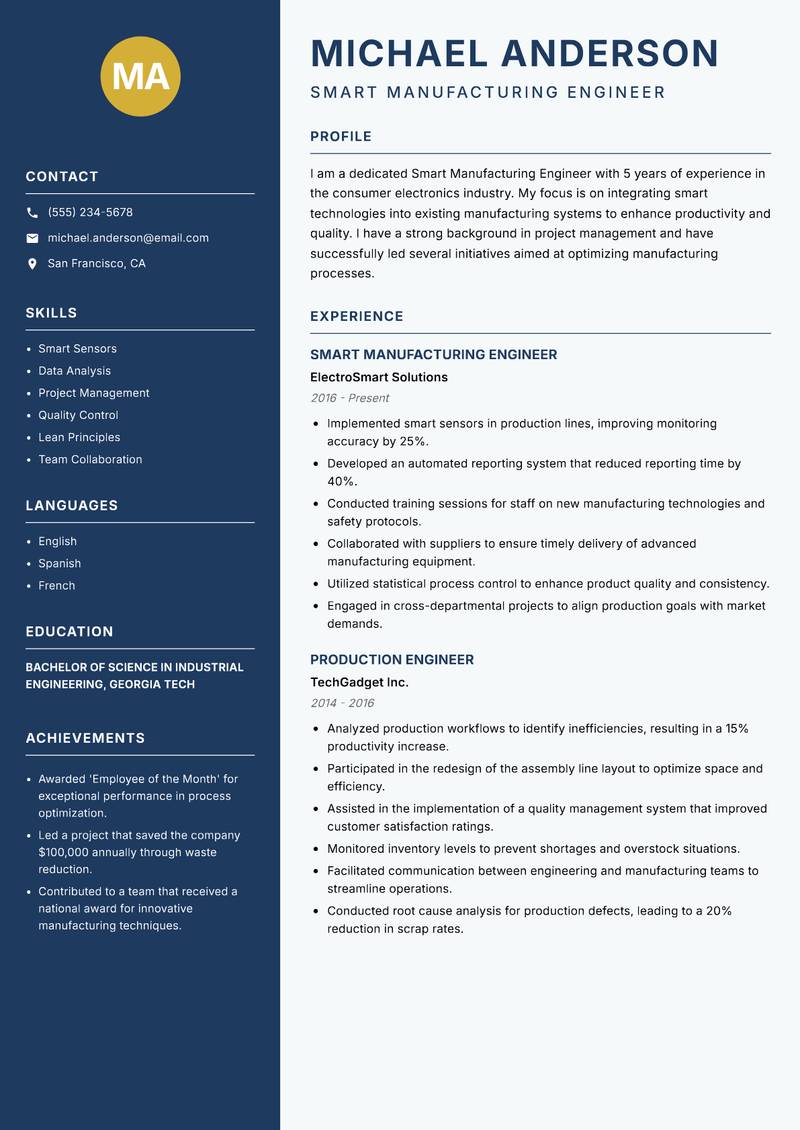 Smart Manufacturing Engineer resume template — Classic Clean