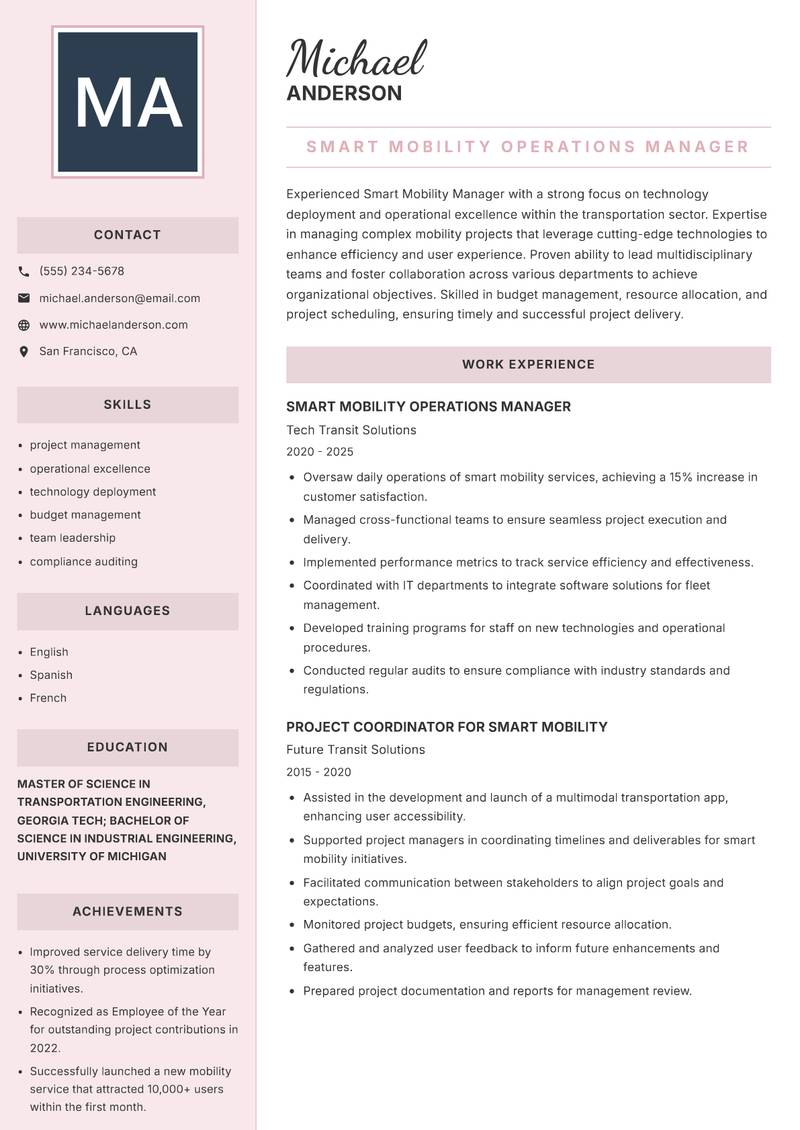 Smart Mobility Manager resume template — Executive