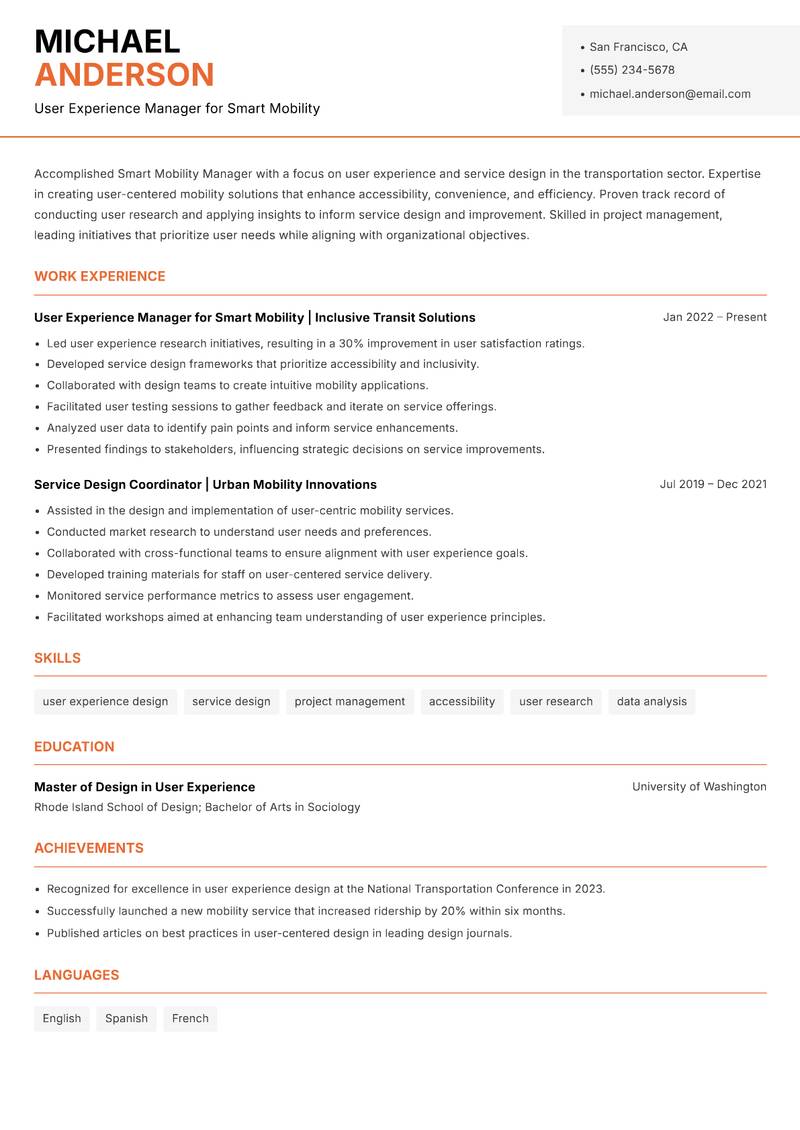 Smart Mobility Manager resume template — Modern Professional
