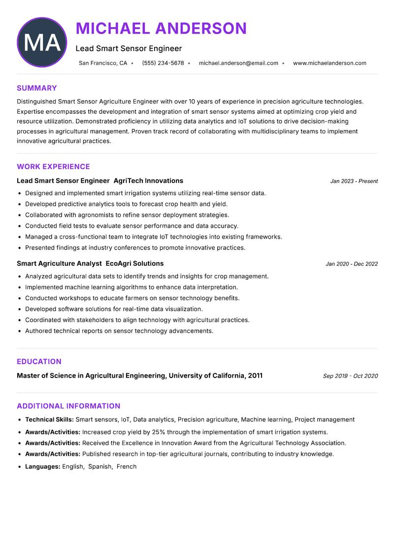 Smart Sensor Agriculture Engineer resume example — ATS-friendly template