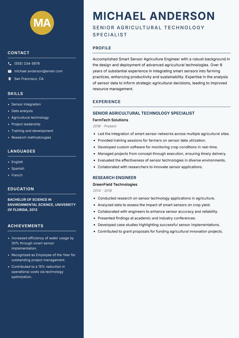 Smart Sensor Agriculture Engineer resume template — Classic Clean