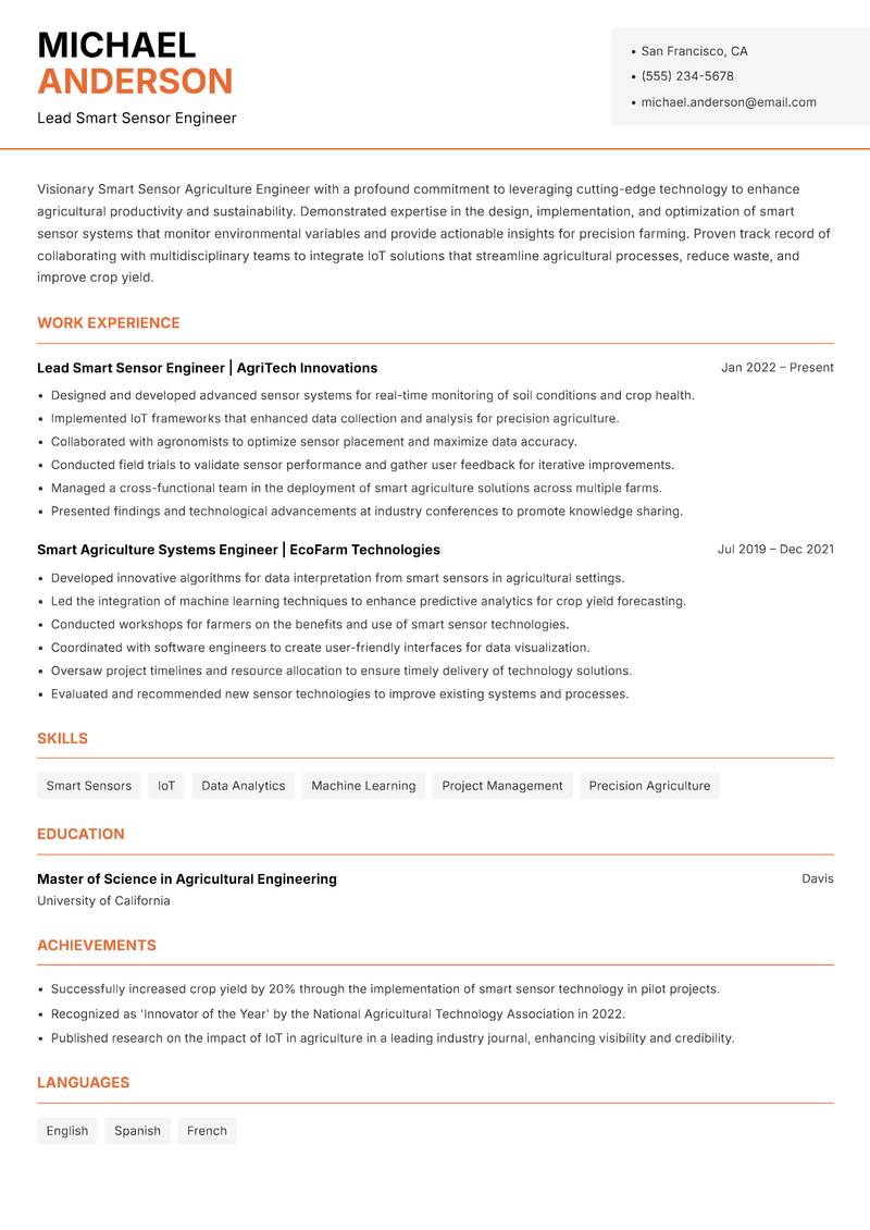 Smart Sensor Agriculture Engineer resume template — Modern Professional