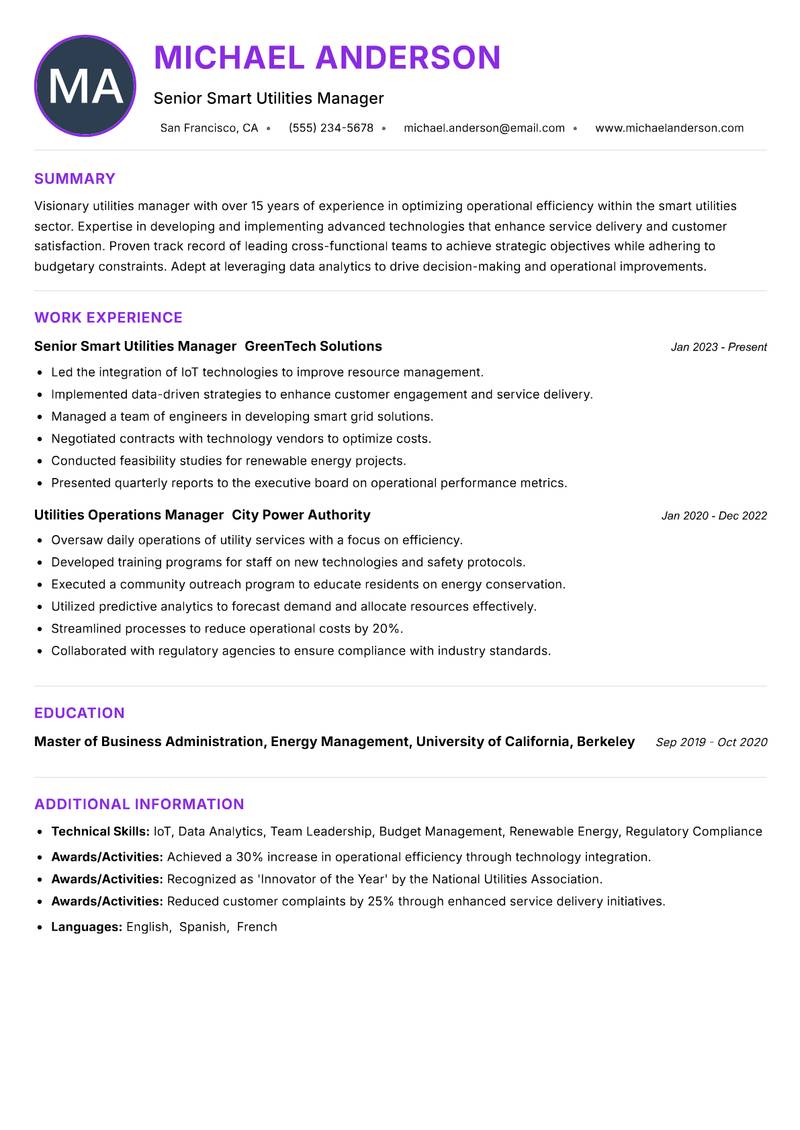 Smart Utilities Manager resume example — ATS-friendly template