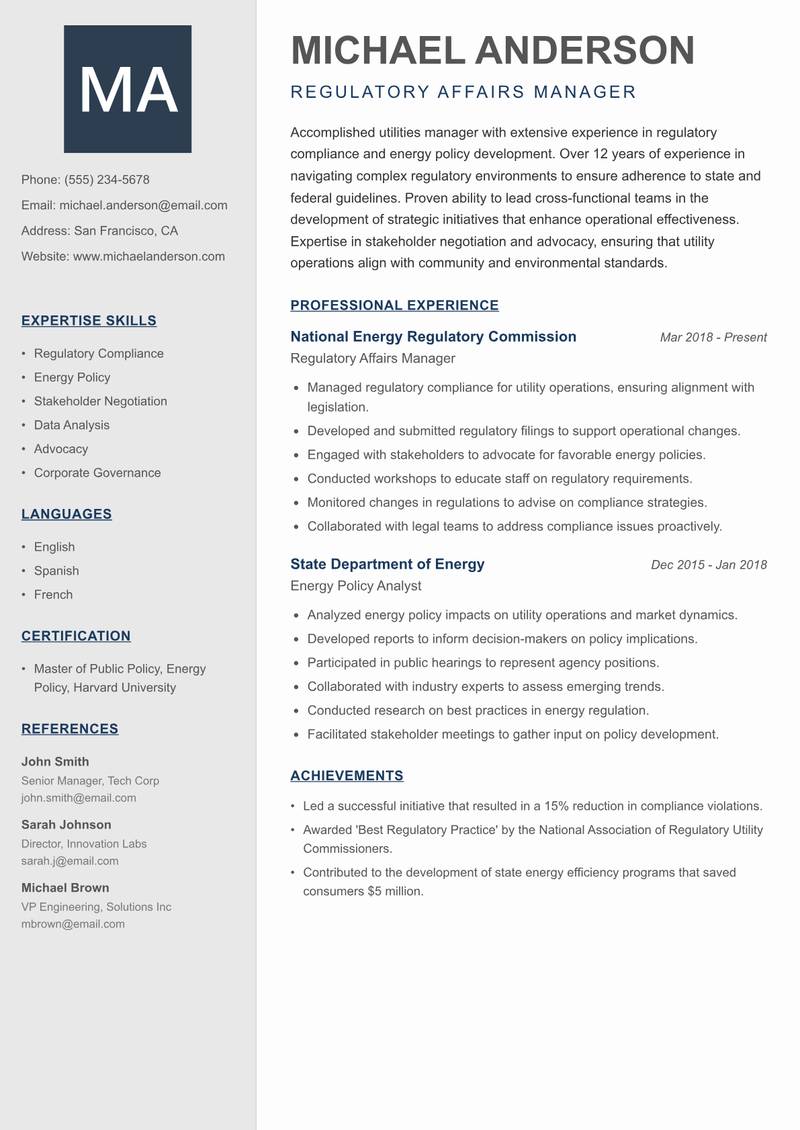 Smart Utilities Manager resume template — Creative Minimal
