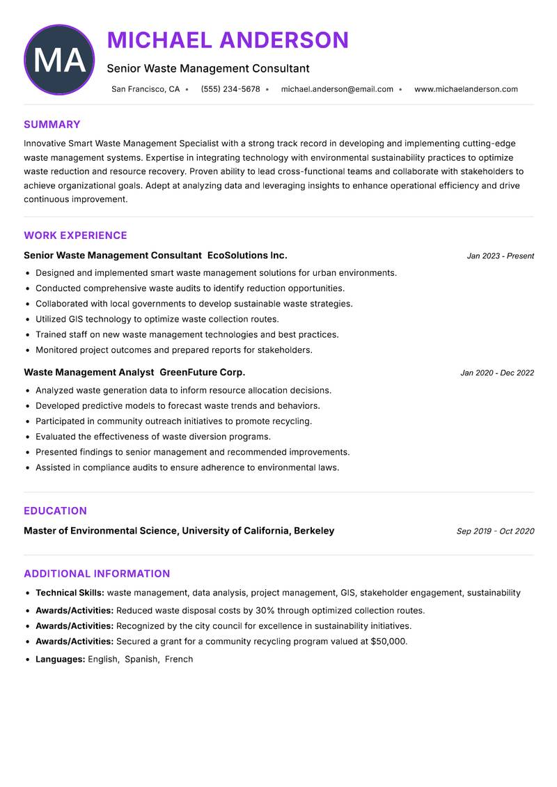 Smart Waste Management Specialist resume example — ATS-friendly template