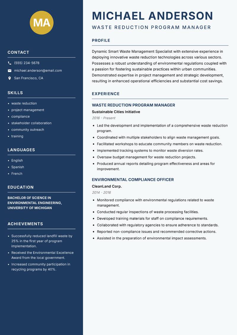 Smart Waste Management Specialist resume template — Classic Clean