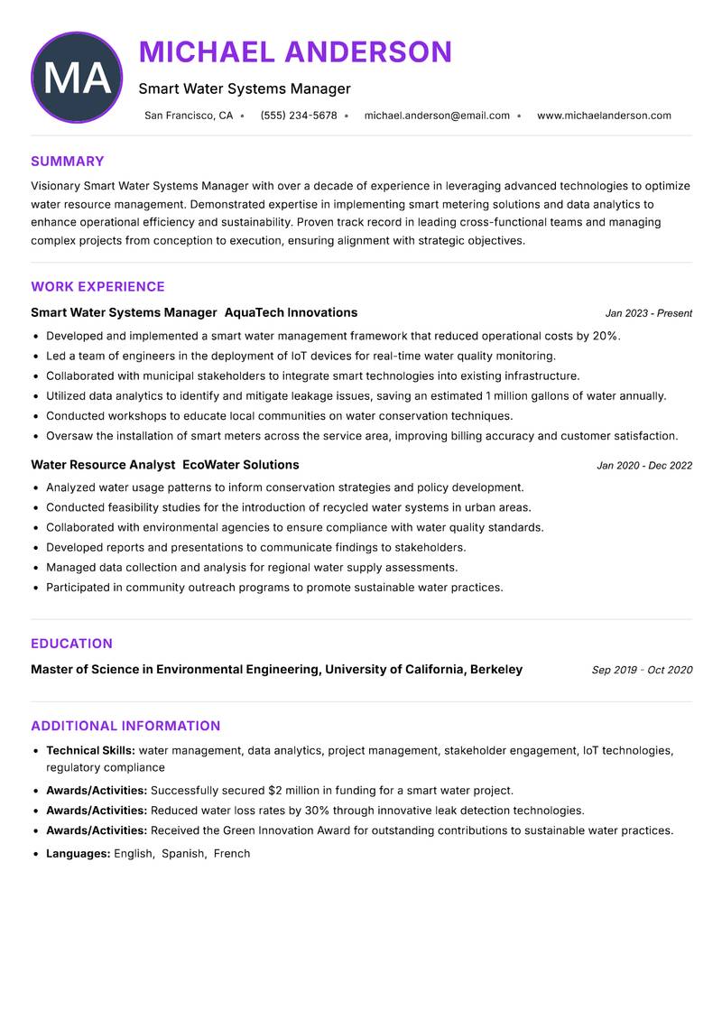 Smart Water Systems Manager resume example — ATS-friendly template