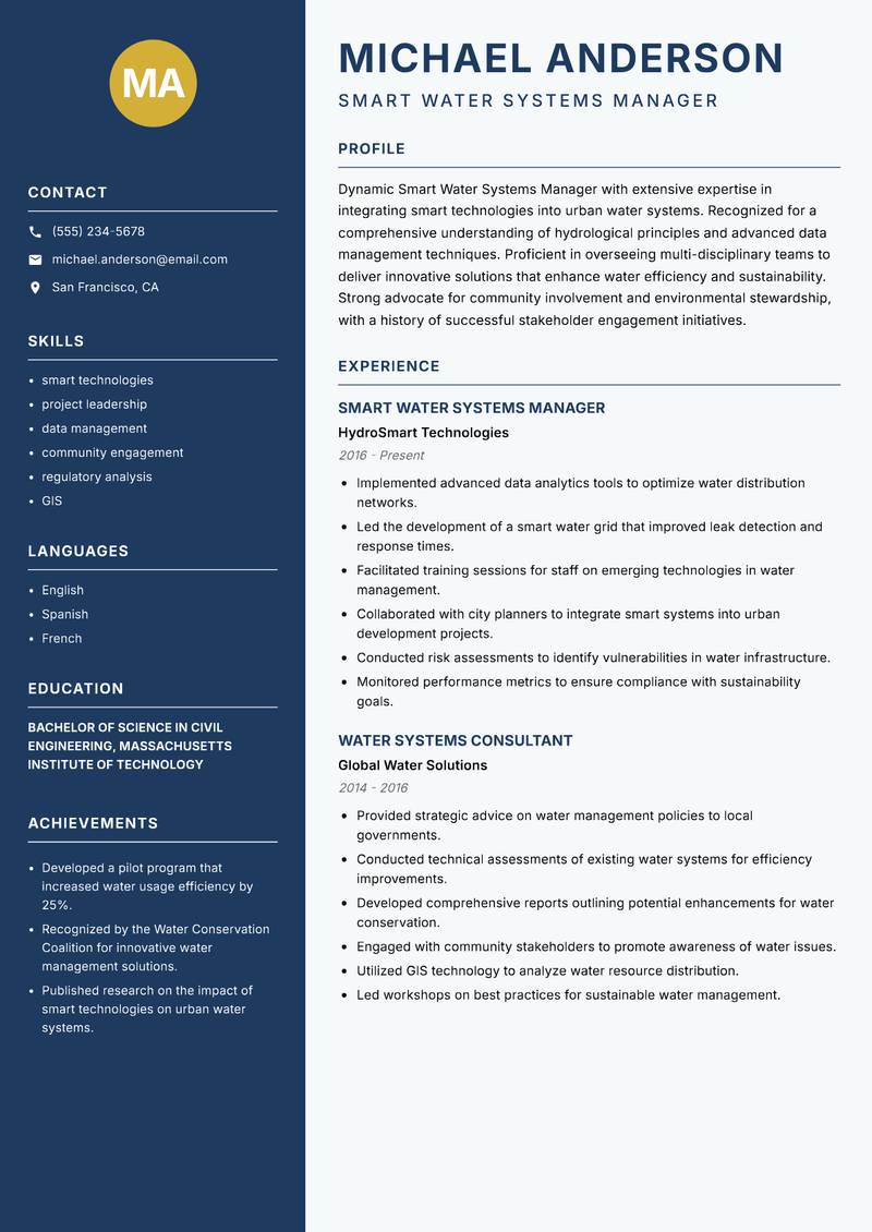 Smart Water Systems Manager resume template — Classic Clean