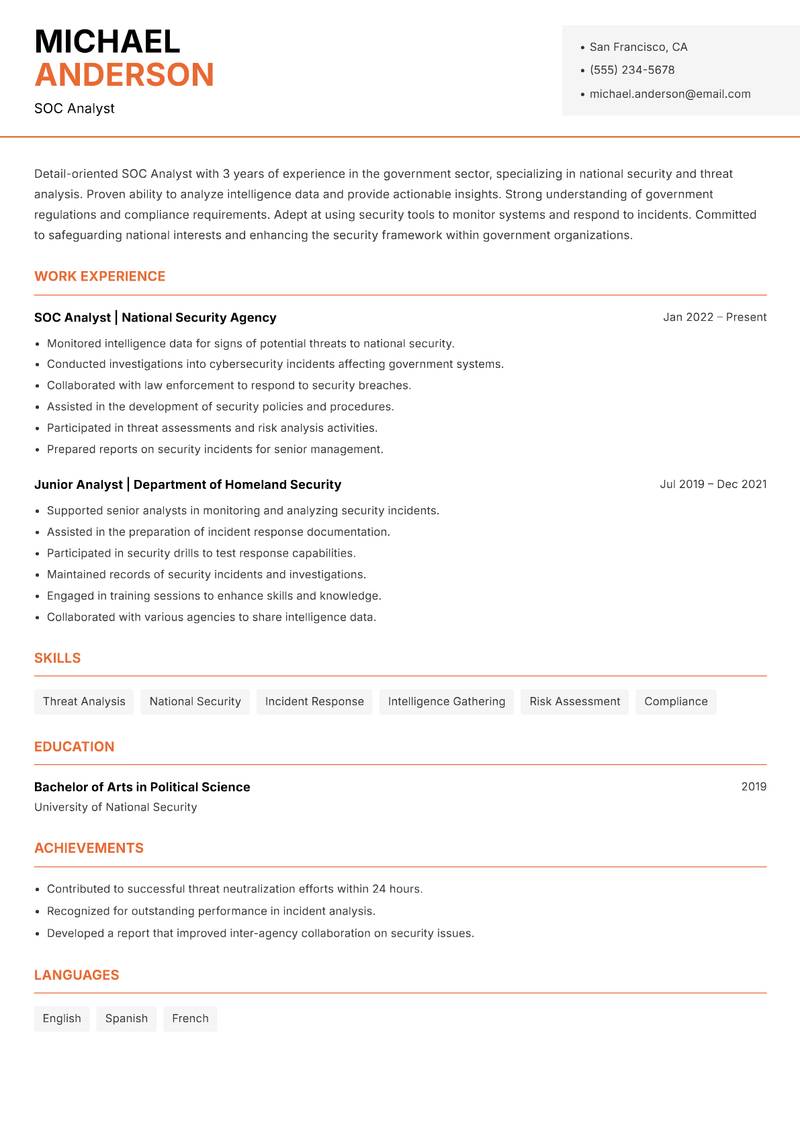 SOC Analyst resume template — Modern Professional