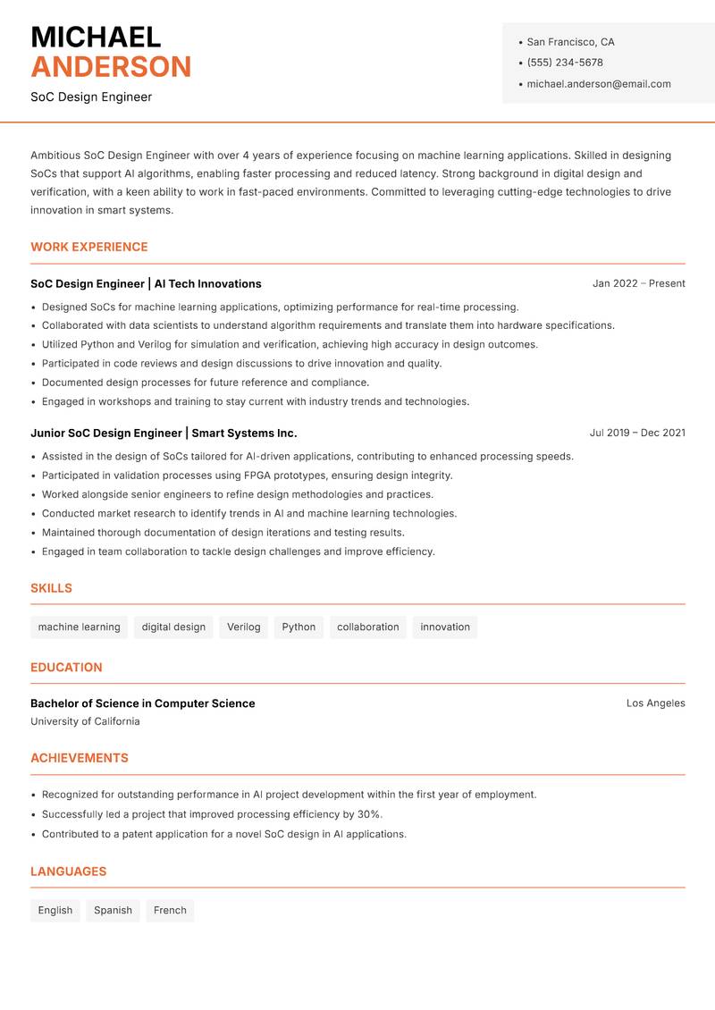 SoC Design Engineer resume template — Modern Professional