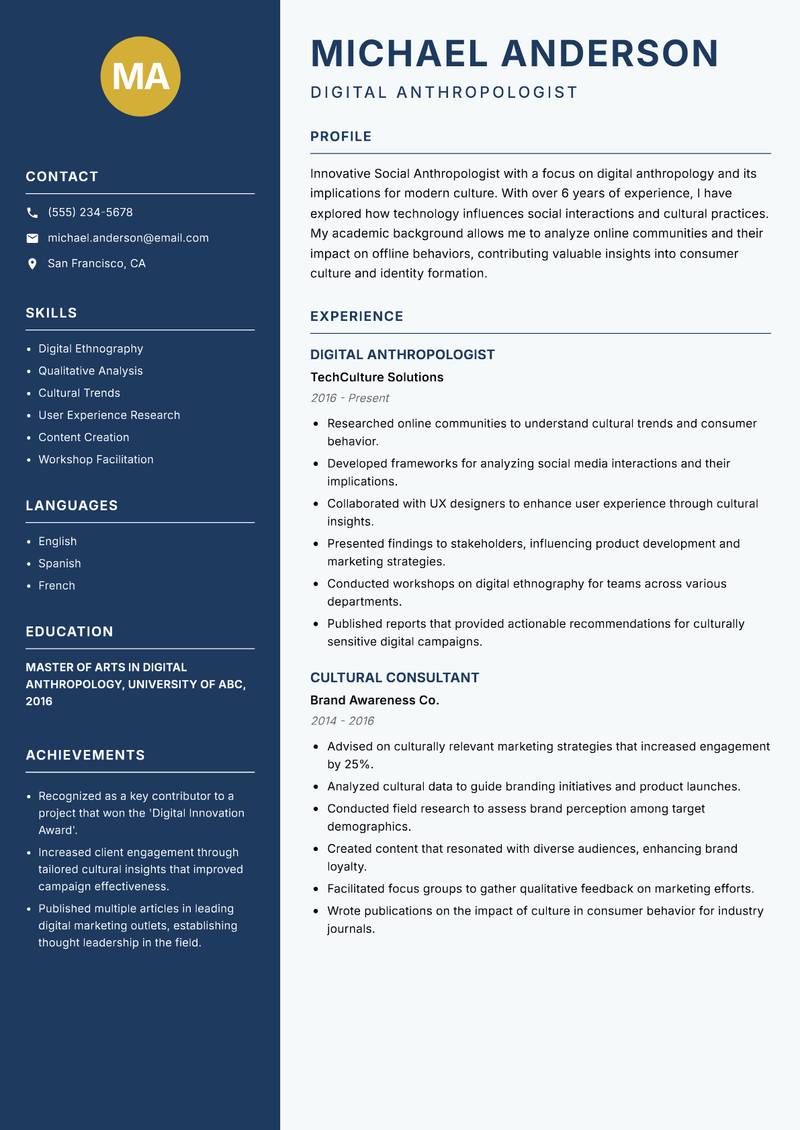 Social Anthropologist resume template — Classic Clean