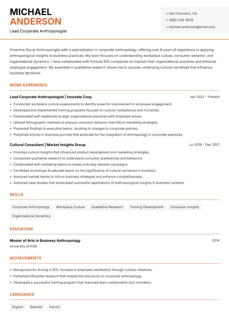 Social Anthropologist resume template — Modern Professional