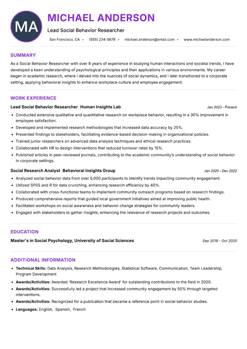 Social Behavior Researcher resume example — ATS-friendly template