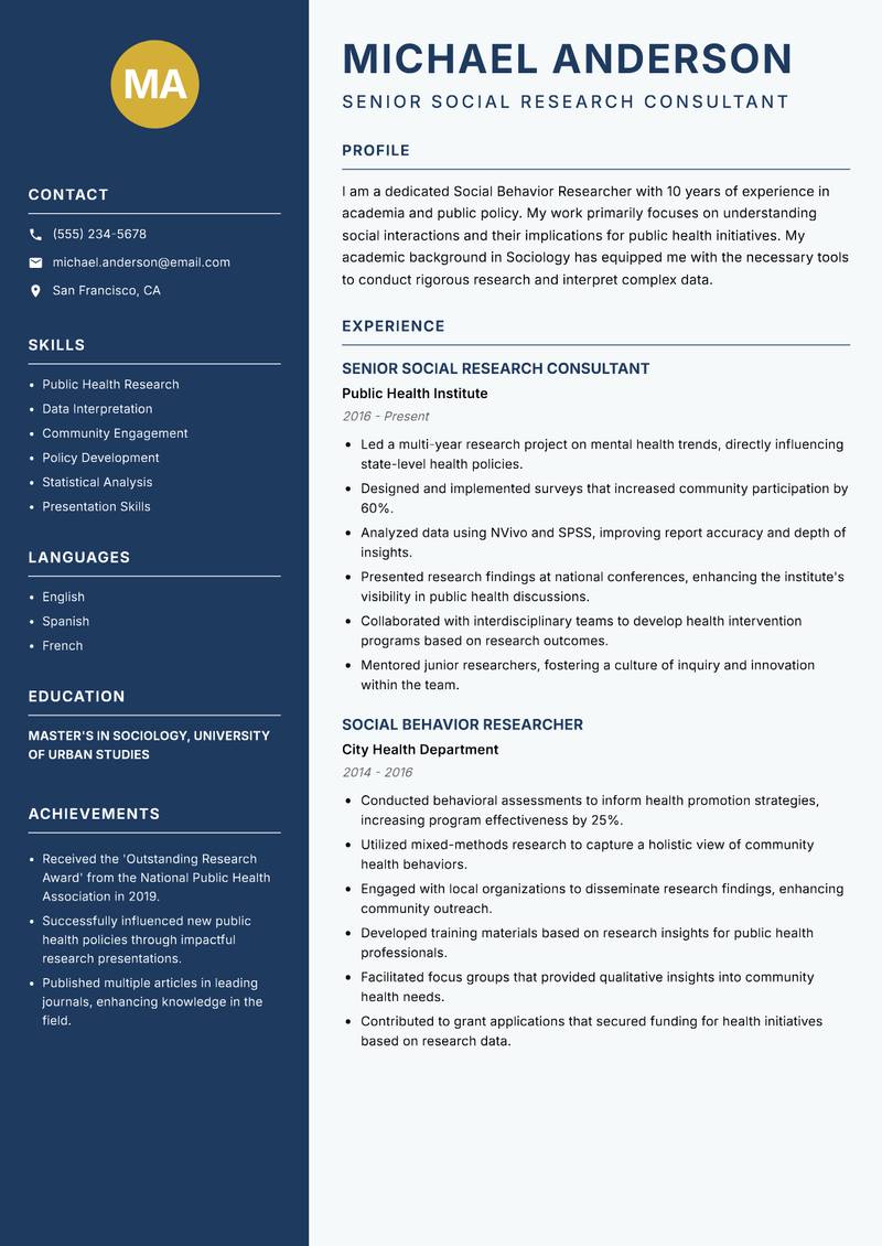 Social Behavior Researcher resume template — Classic Clean