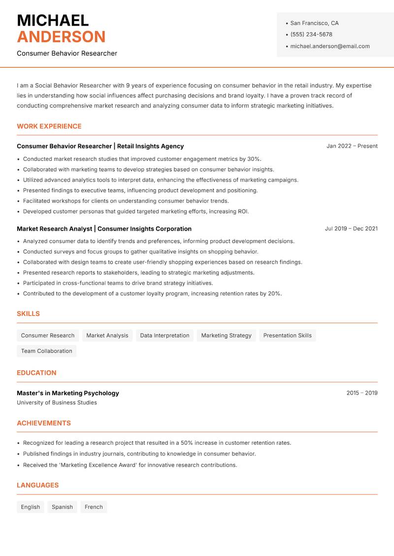 Social Behavior Researcher resume template — Modern Professional