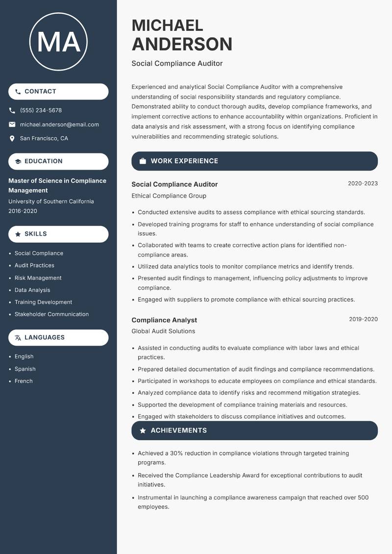 Social Compliance Auditor resume template — Compact