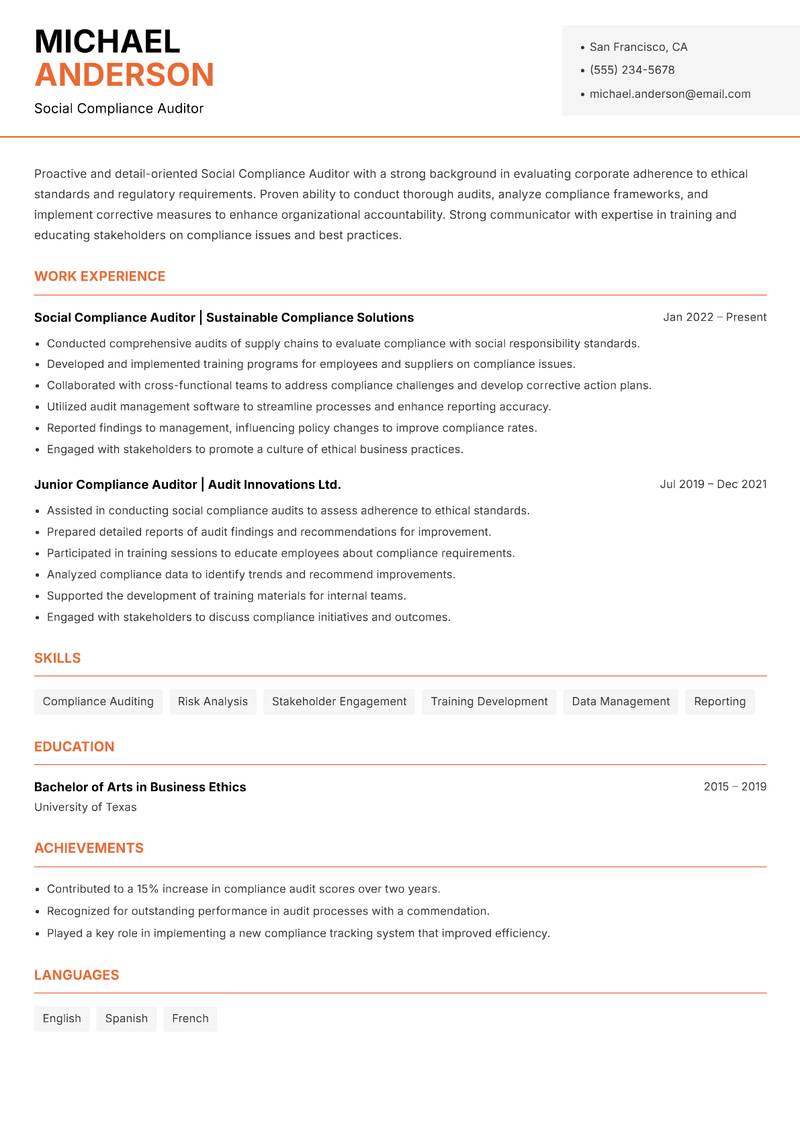 Social Compliance Auditor resume template — Modern Professional