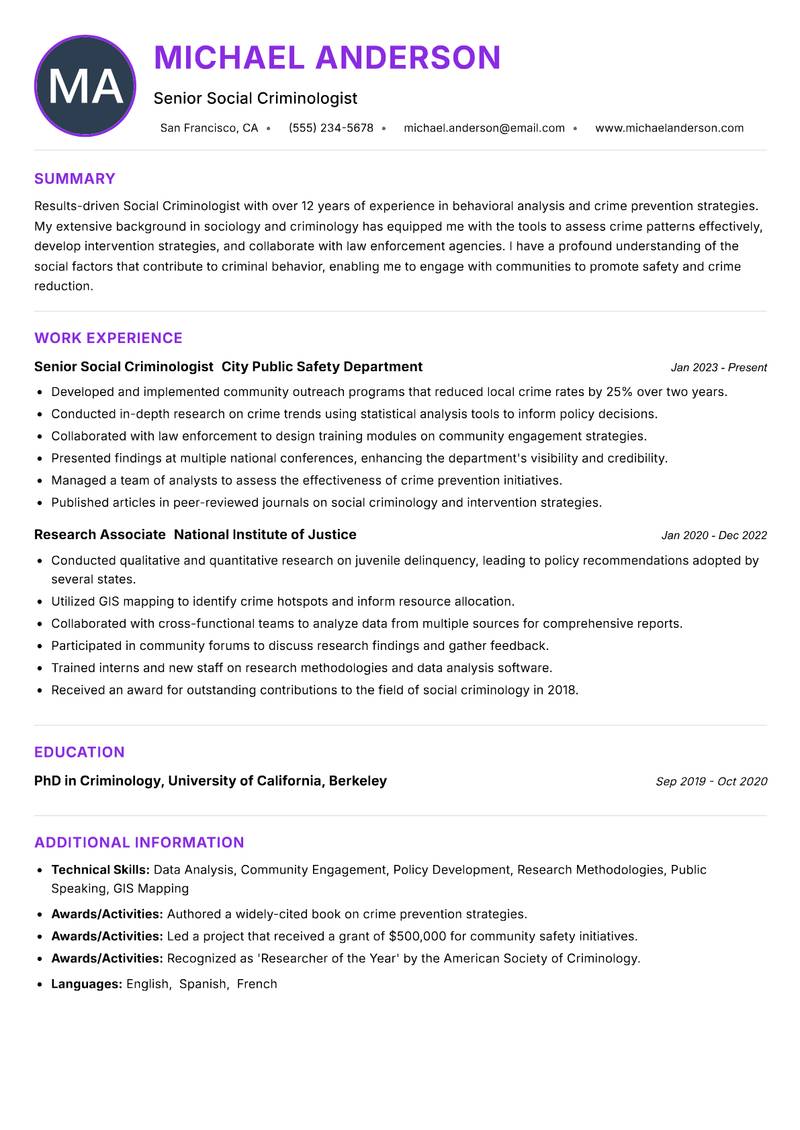Social Criminologist resume example — ATS-friendly template