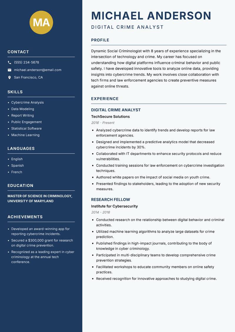 Social Criminologist resume template — Classic Clean